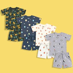 Orange Sugar 100% Cotton Knit Pack Of 4 Half Sleeves Animals & Hot Air Balloons Printed Coordinating Tees & Shorts Set - Multi Colour-image-82