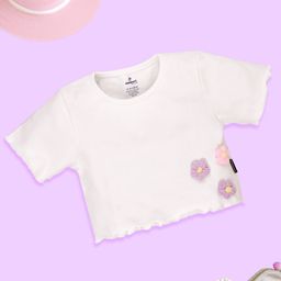 Kiddopanti Cotton Crochet Half Sleeves Flower Embroidered Crop Tee - White-image-96