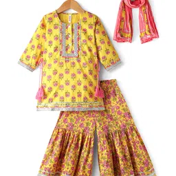 Babyhug Cotton Woven Three Fourth Sleeves Kurti Gharara Set with Dupatta Floral Print & Lace Detailing - Yellow-picture-14