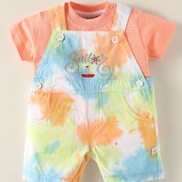 Wonderchild Typography Embroidered Tie Dye Romper With Half Sleeves Solid Tee - Light Orange-image-45