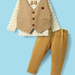 Mini Taurus Sinker Knit Full Sleeves 3 Piece Party Suit with Attached Bow with Moustache Print - Khaki & Yellow-image-40