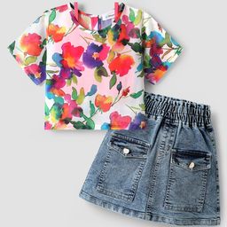 OLLINGTON ST. Chiffon Half Sleeves Floral Printed Top & Stretchable Denim with Inner T-Shirt -White Dark Pink & Indigo-image-76