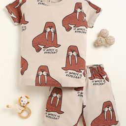 Little Marine Cotton Half Sleeves Walrus Printed Tee & Coordinating Shorts Set - Brown Camel-image-3