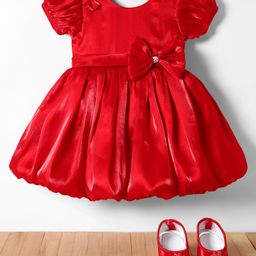 Bluebell Tissue Woven Half Sleeves Party Frock With Bow Applique & Booties - Red-image-51
