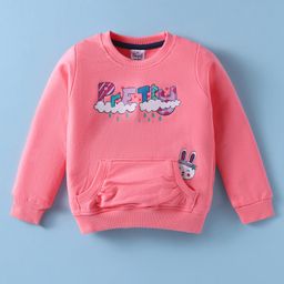 Simply Looper Knit Full Sleeves T-Shirt with Text Print & Kangaroo Pocket - Pink-picture-49