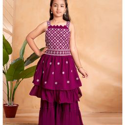 Aarika Georgette Woven Sleeveless Sleeveless Sequin Embellished & Embroidered Lehenga Kurta With Sharara - Purple-image-92