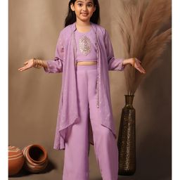 Fashion Dream Georgette Knit Floral Embroidered Sequins Embellished Crop Top & Palazzo With Three Fourth Sleeves Shrug Set - Lavender-picture-40