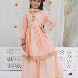 Little Bansi 100% Cotton With Chanderi Silk Woven Three Fourth Sleeves Floral Embroidered Kurti Sharara With Dupatta - Peach-image-72