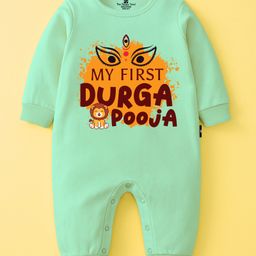 The Peppy Tend 100% Cotton Knit Durga Puja Theme Full Sleeves My First Durga Pooja Text Printed Romper - Sea Green-picture-17