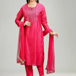 COTTON CULTURE Floral Embroidered Thread Work Chanderi Cotton Straight Kurta Set-image-53