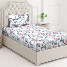 Arrabi White & Pink Floral Printed 350 TC Single Bedsheet Set 2.15 m x 1.5 m-image-86