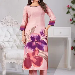 MOJILAA Floral Printed Round Neck Sequinned Straight Kurta With Trousers-picture-25