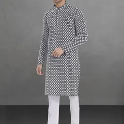 Pulseiq Men Geometric Embroidered Festive Cotton Straight Kurta-image-57