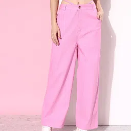 Mast & Harbour Women Solid Pure Cotton Regular Trousers With Drawstring Detail-image-1