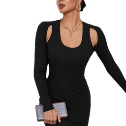 StyleCast Black Round Neck Long Sleeves Bodycon Mini Dress-image-48