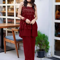 SANCIA Women Ethnic Motifs Embroidered Layered Sequinned Kurta with Palazzos & With Dupatta-picture-19