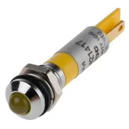 RS PRO Yellow Panel Mount Indicator 24V DC, Mounting Hole Size 8 mm, Termination Type Faston, Solder Lug, IP Rating IP67, Model No 8385551-10