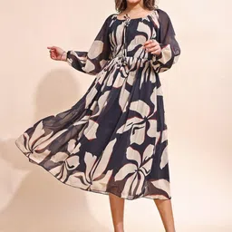 Attire Empire Floral Printed Puff Sleeves Georgette Fit & Flare Midi Dress-picture-34