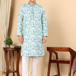 TATTVA Paisley Printed Mandarin Collar Kantha Work Sequinned Straight Kurta-picture-54