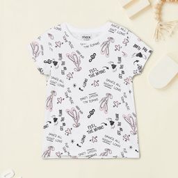 max Girls Typography Printed Round Neck Cap Sleeves Regular Fit Pure Cotton T-Shirt-58