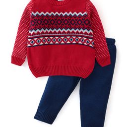 Babyhug Full Sleeves Sweater Set Intarsia Design- Red & Navy Blue-image-90