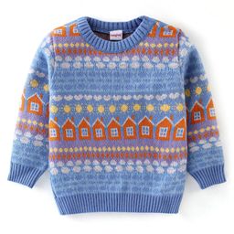 Babyhug Acrylic Knit Full Sleeves Sweater with House Design - Blue-image-57