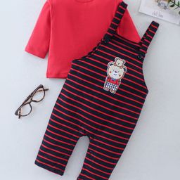 ToffyHouse Dungaree and Full Sleeves T-Shirt Set Bear Patch & Stripes - Red-image-39