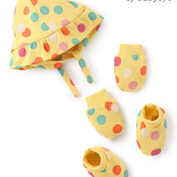 Babyoye Eco Conscious Cotton Cap Mitten & Booties Set with Polka Dot Print - Yellow-image-49