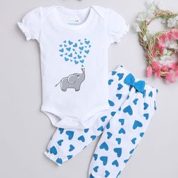 BUMZEE Half  Sleeves Heart & Baby Elephant Printed Coordinating Onesie & Joggers With Headband - White-picture-5