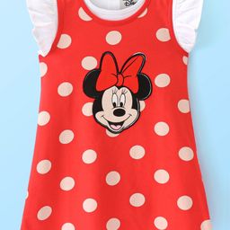 Babyhug Disney Single Jersey Knit Half Sleeves Top With Frocks Minnie Mouse Graphics and Frill Detailing- Red & White-image-58