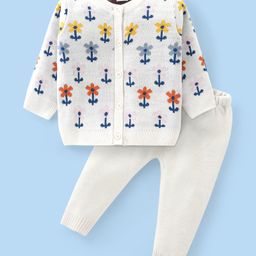Babyhug Knitted Full Sleeves Front Open Sweater Set with Floral Design - Offwhite-image-97