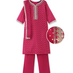 Pine Kids Woven Three Fourth Sleeves  Bandhani Foil Printed Kurta & Churidar Set with Dupatta & Floral Embroidery - Pink-image-23