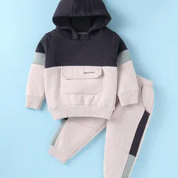 Pepito Fleece Knit Full Sleeves Cut & Sew  Sweatshirt with Front Pocket & Lounge Pant Set White & Black-picture-3