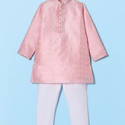 Robo Fry Silk Full Sleeves Kurta Pyjama Set with Textured & Lace Detailing- Pink & White-image-26