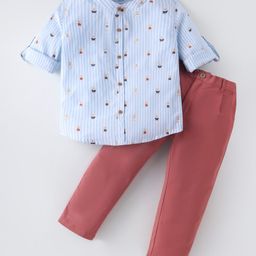 ToffyHouse Poplin Woven Full Sleeves Mandarin Collar Shirt & Trouser Set With Bear Print - Light Blue-image-43