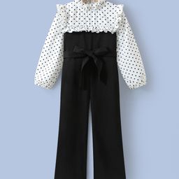 Kookie Kids Full Sleeves Jumpsuit With Polka Dot Print & Bow Applique - Black & White-image-4