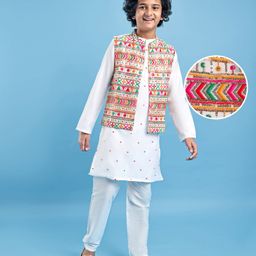 Pine Kids Woven Full Sleeves Kurta Pyjama Set with Sequin Embroidered Jacket - White-picture-12