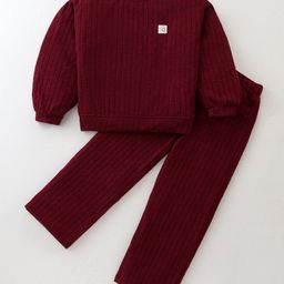 Little Kangaroos Fleece Knit Full Sleeves Winter Wear Sweatshirt & Jogger Pant Set with Floral Patch - Maroon-picture-30