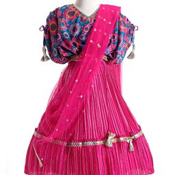 Babyhug Woven Short Puffed Sleeves Floral Printed Choli with Lehenga & Dupatta Set Sequinned Detailing - Dark Pink-image-26