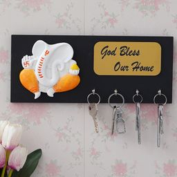 eCraftIndia Lord Ganesha With "God Bless Our Home" Quote 4 Hooks Wooden Key Holder-21