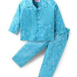 Babyhug Cotton Woven Full Sleeves Night Suit With Animal & Vehicle Print - Light Blue-image-38