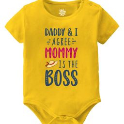 Baby Buzz 100% Cotton Family Theme Half Sleeves Daddy & I Agree Mommy Is The Boss Text Printed Onesie - Yellow-image-84