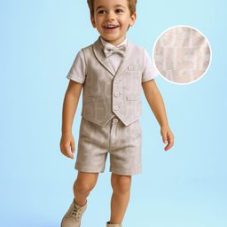 Mark & Mia Cotton Woven Half Sleeves T-Shirt With Attached Bow Textured Waist Coat & Shorts with Text Design - Cream & White-image-32