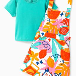 Ollington St. Cotton Half Sleeves Inner Top & Twill Lycra Floral & Fruit Printed Pinafore - Sea Green & Multicolor-image-49