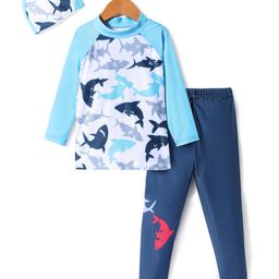 KIDLINGSS Full Raglan Sleeves Sharks Printed Tee & Pant With Cap Set - Blue-image-4