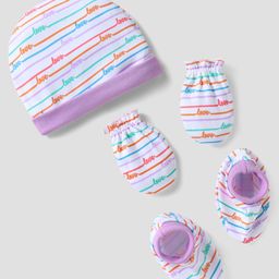 Babyhug 100% Cotton Cap Mittens And Booties With Stripes & Love Printed Lilac -Diameter 14 cm-image-75