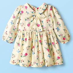 ToffyHouse Cotton Woven Full Volume Sleeves Party Gown with Bow Applique & Floral Print - Buttermilk Cream-picture-48