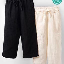 Greendeer 100% Softner Washed Muslin Cotton Woven Pack Of 2 Solid Breathable Pants - Beige & Black-image-3