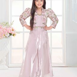 Tiny Kingdom Satin Woven Beads Embellished Top & Palazzo With Three Fourth Sleeves Floral Embroidered Jacket Set - Pink-image-13