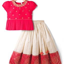 Babyhug Brocade Half Sleeves Pattu Pavda Lehenga Choli Set with Floral Embroidery - Red & Beige-picture-5